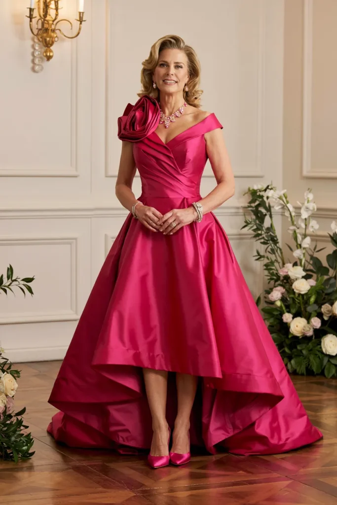 Bold Fuchsia Mikado High Low Ballgown with Ruffle Collar Mother of the Bride Dress