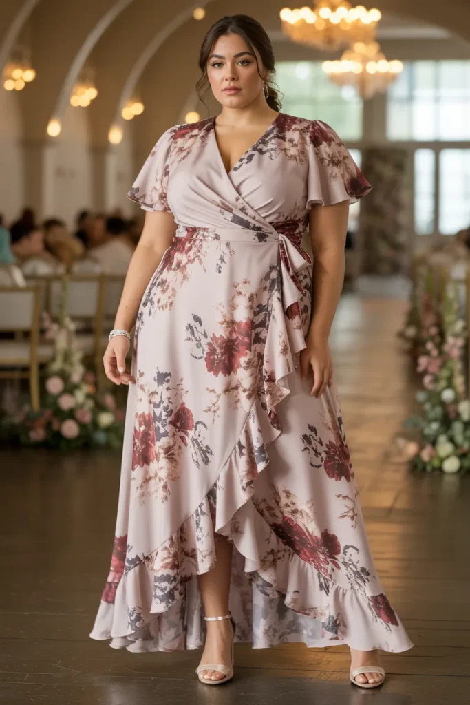 Boohoo Womens Plus Size Floral Ruffle Wrap Maxi Wedding Guest Dress