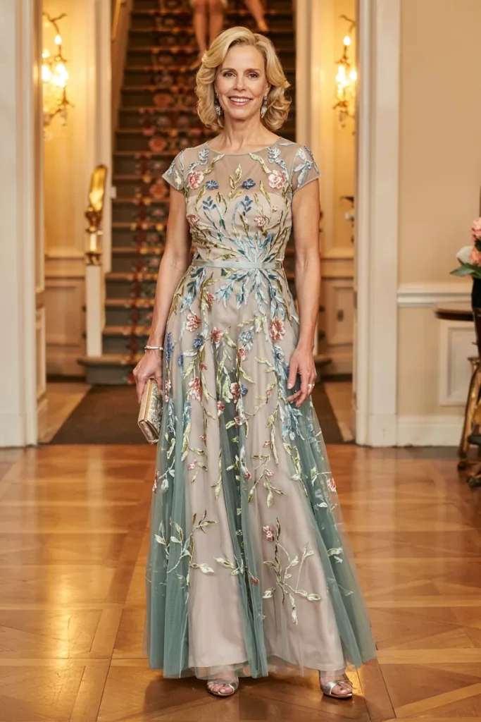 Botanical Embroidered Tulle Mother of the Bride Dress