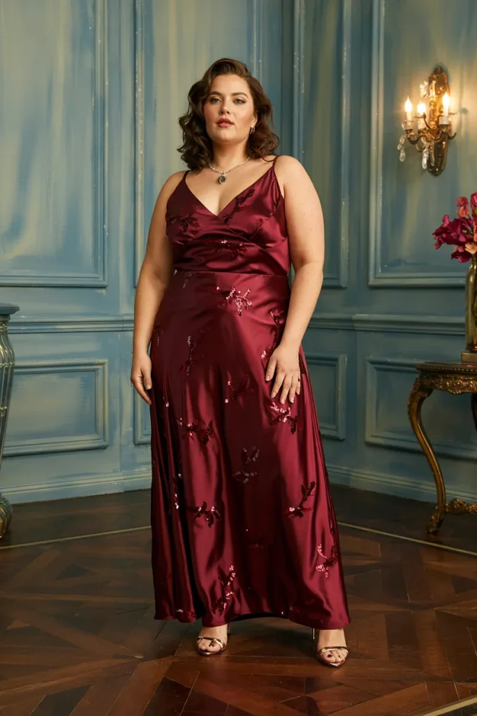Burgundy Satin and Sequin Maxi Dress