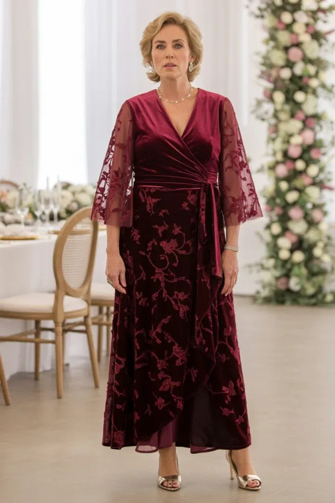 Burgundy Velvet Burnout Wrap Dress