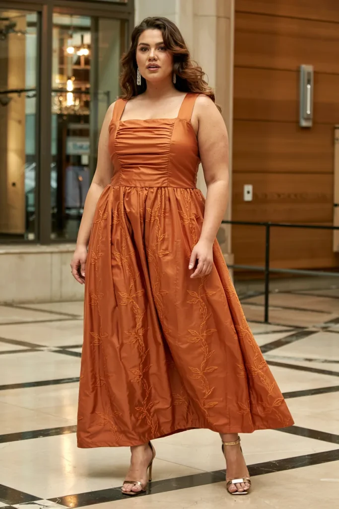 Burnt Orange Wide Straps Ruched Maxi Dress