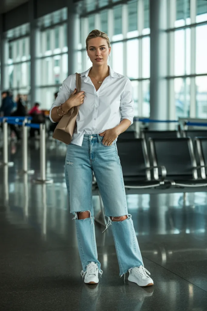 Button Down Shirt with Distressed Jeans and Handbag