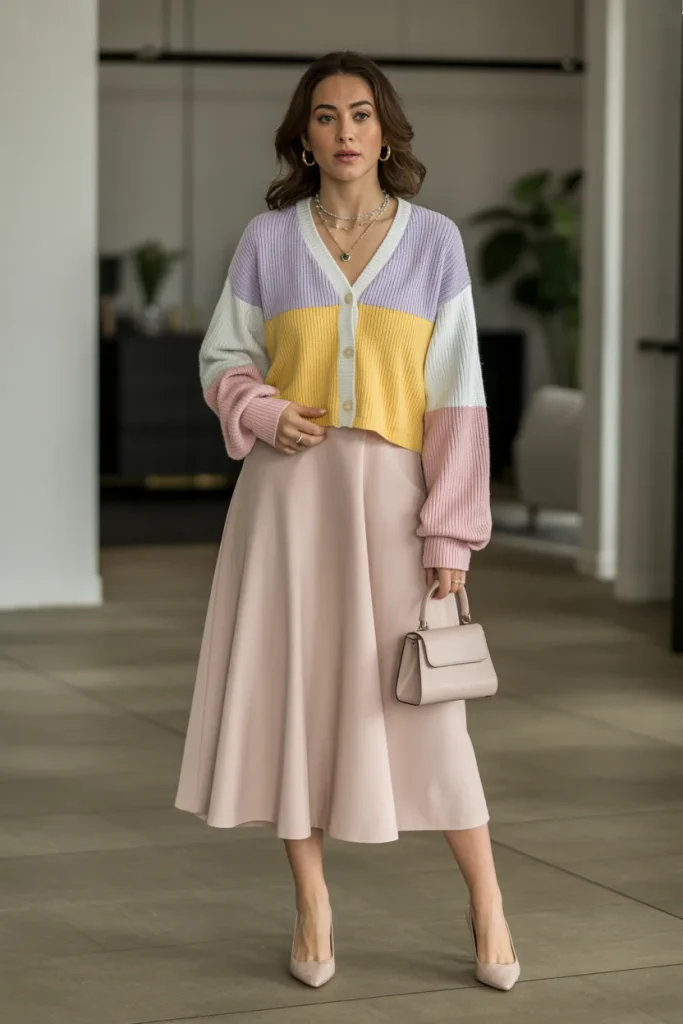Casual Color Block Cardigan and Midi Skirt Easter Outfit