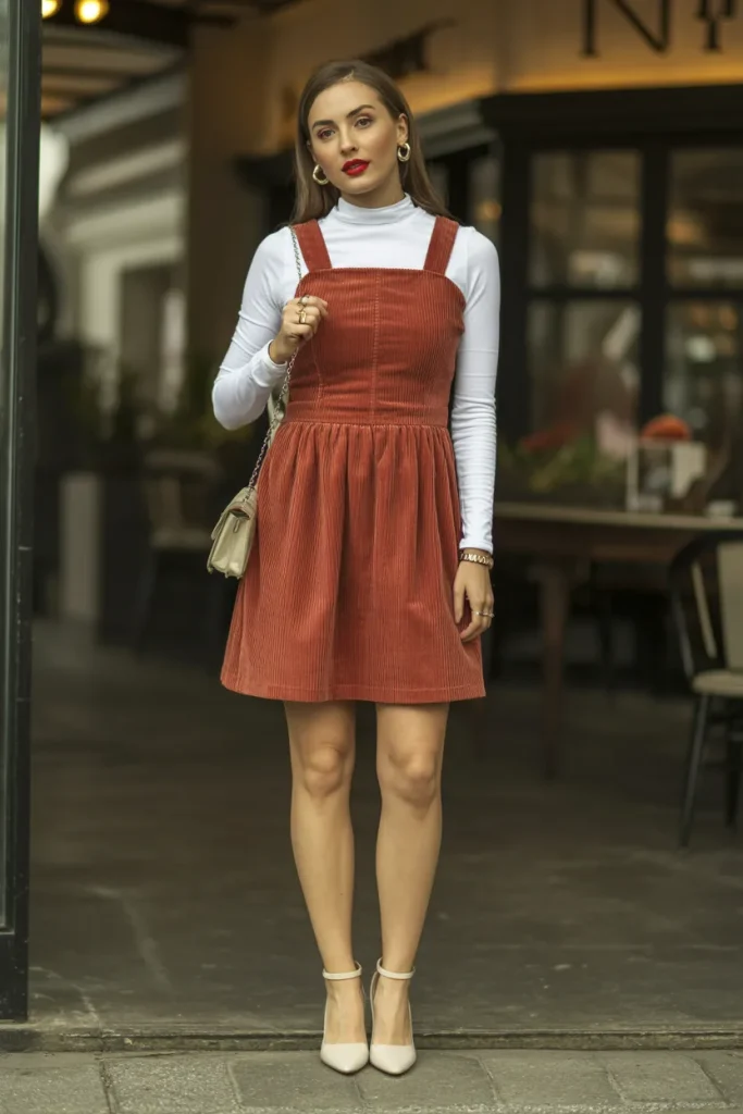 Casual Corduroy Pinafore Mock Neck Easter Outfit