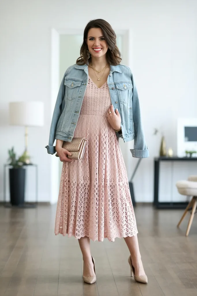 Casual Crochet Lace Midi Dress and Denim Jacket Easter Outfit