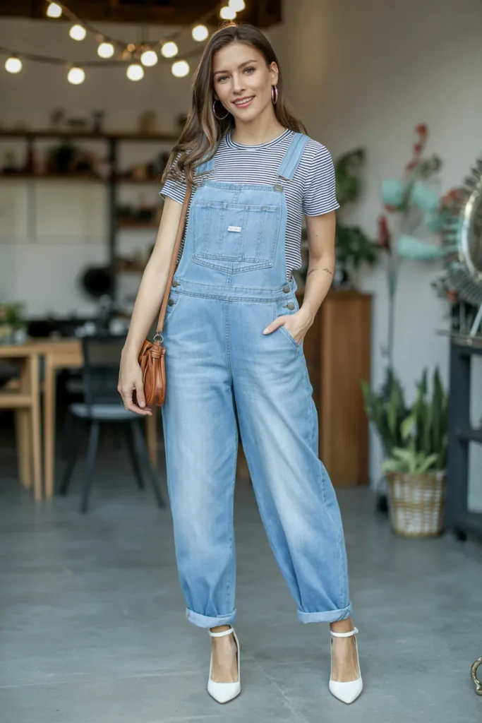 Casual Denim Overalls and Striped Tee Easter Outfit