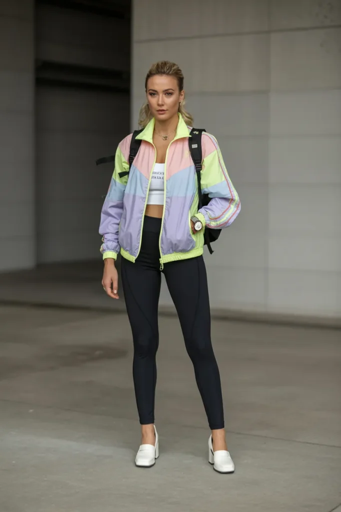 Casual Neon Trim Track Jacket Leggings Rainy Easter Outfit