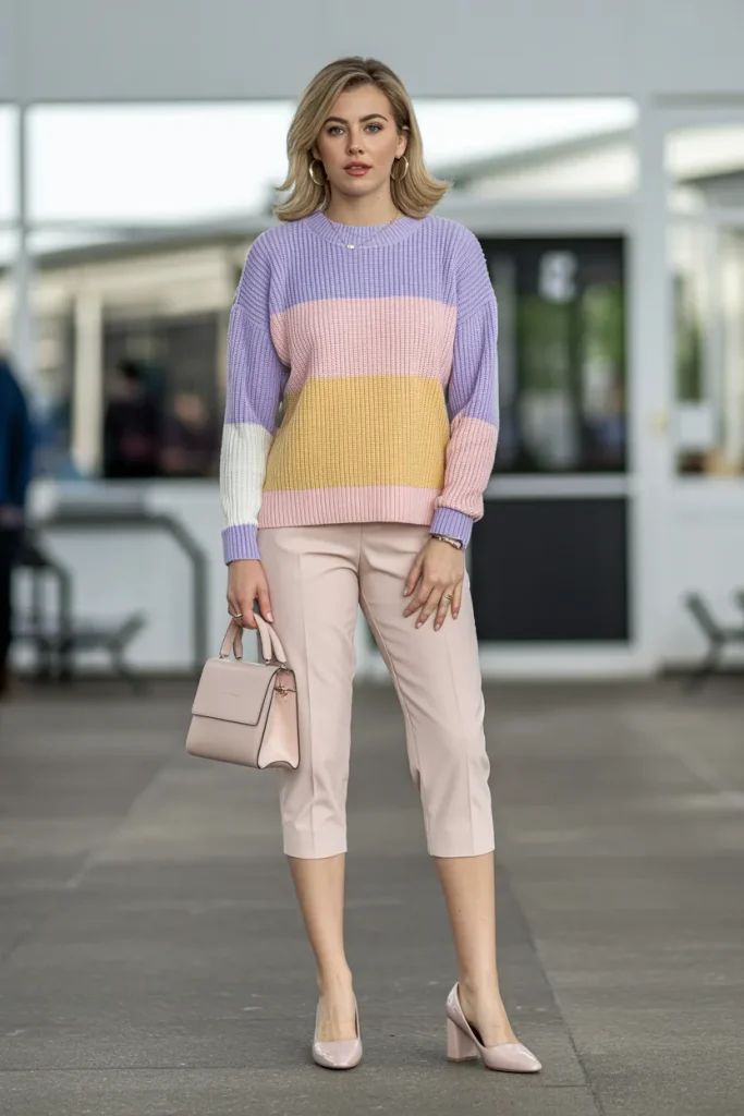 Casual Pastel Color Block Sweater and Capri Pants Easter Outfit