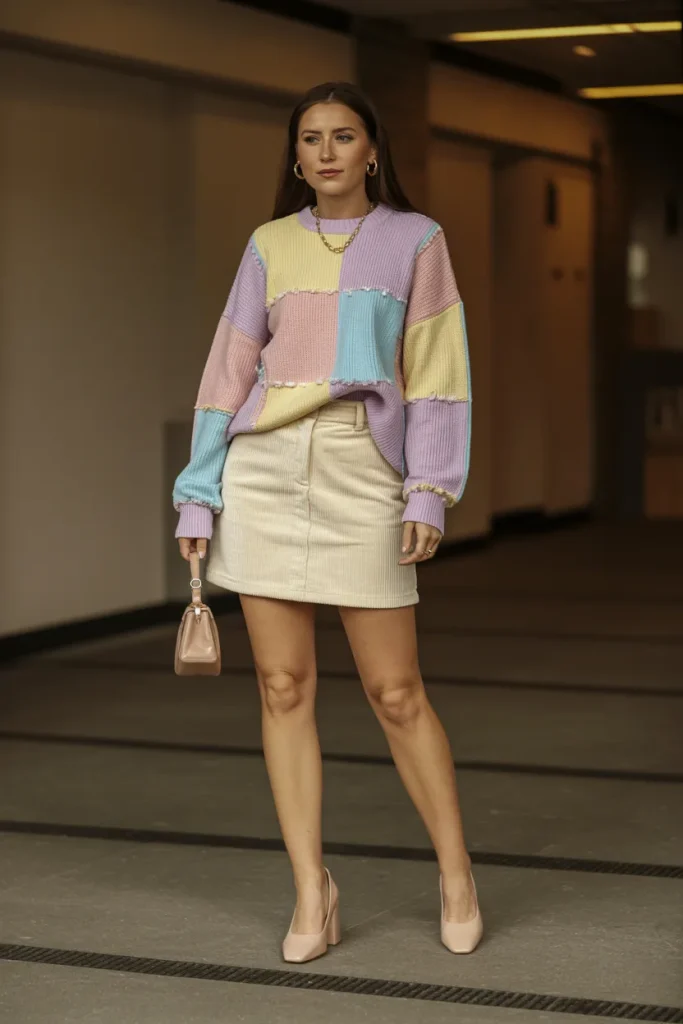 Casual Pastel Patchwork Sweater and Corduroy Skirt Easter Outfit