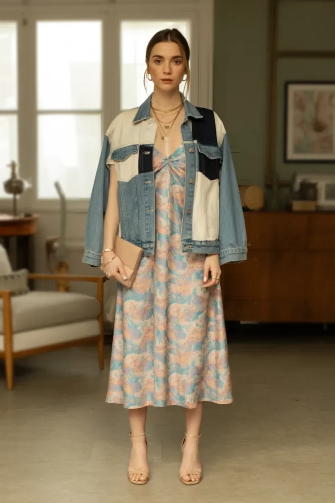 Casual Patchwork Denim Jacket Midi Slip Dress Vintage Easter Outfit