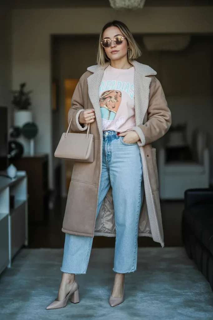 Casual Sherpa Lined Coat Graphic Tee Jeans Cold Easter Outfit