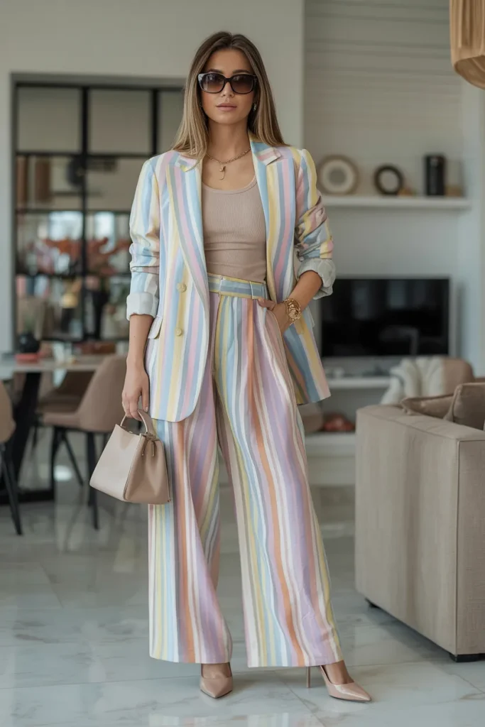 Casual Striped Linen Blazer and Wide Leg Pants Easter Outfit