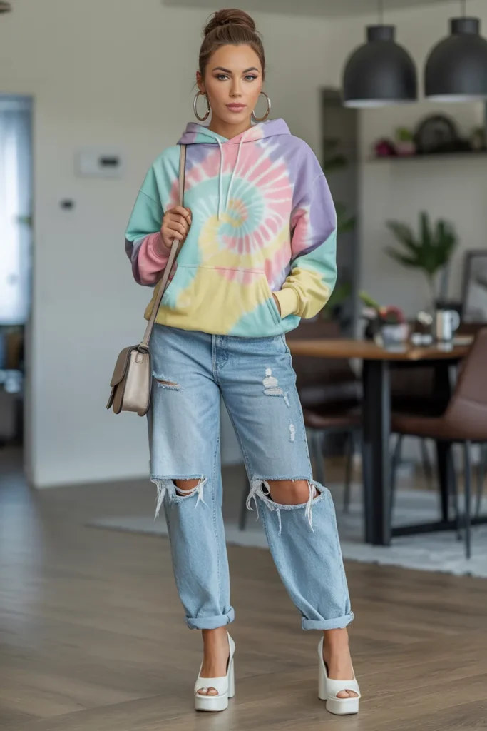 Casual Tie Dye Hoodie and Distressed Boyfriend Jeans Easter Outfit