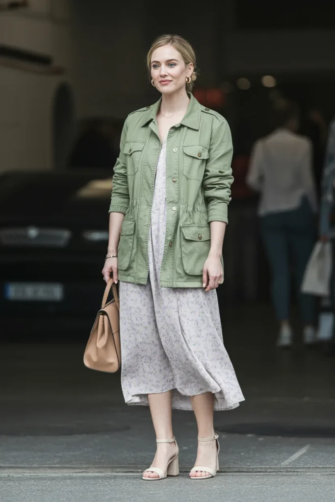 Casual Utility Jacket and Floral Dress Easter Outfit