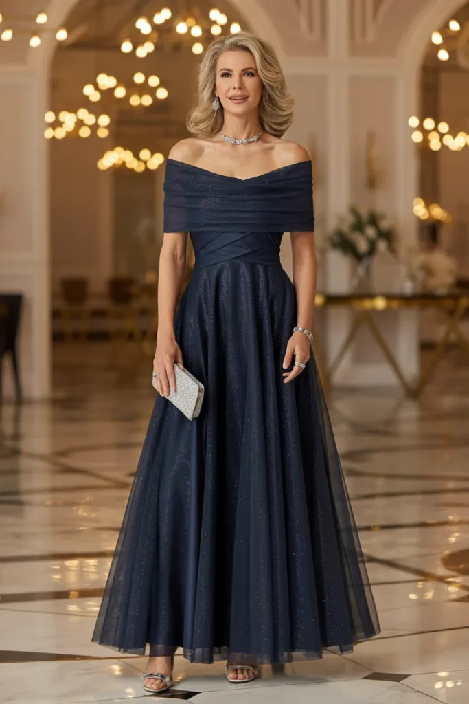 Celestial Dark Navy Glitter Mesh Cowl Off the Shoulder A Line Dress