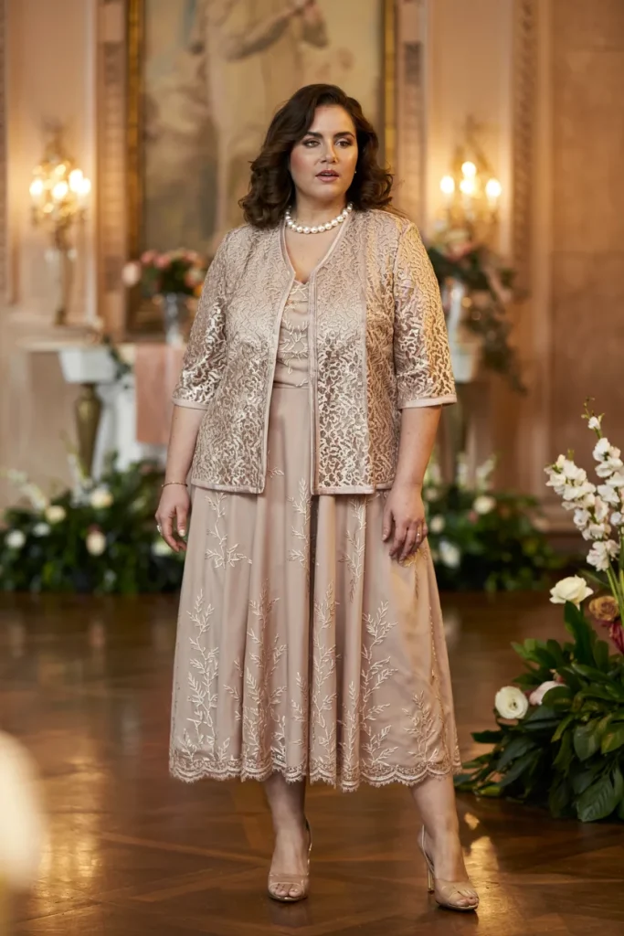 Champagne Lace Tunic Midi Dress With Jacket
