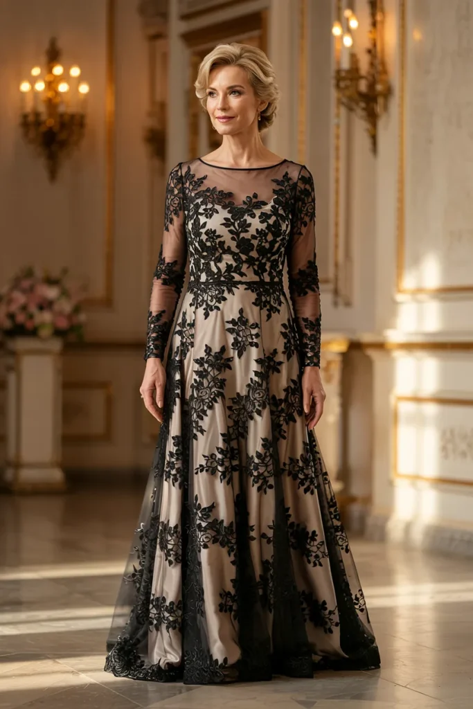 Chic Black Lace Illusion Long Sleeve Mother of the Bride Dress