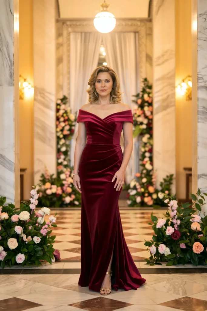 Chic Burgundy Velvet Off the Shoulder Mother of the Bride Dress