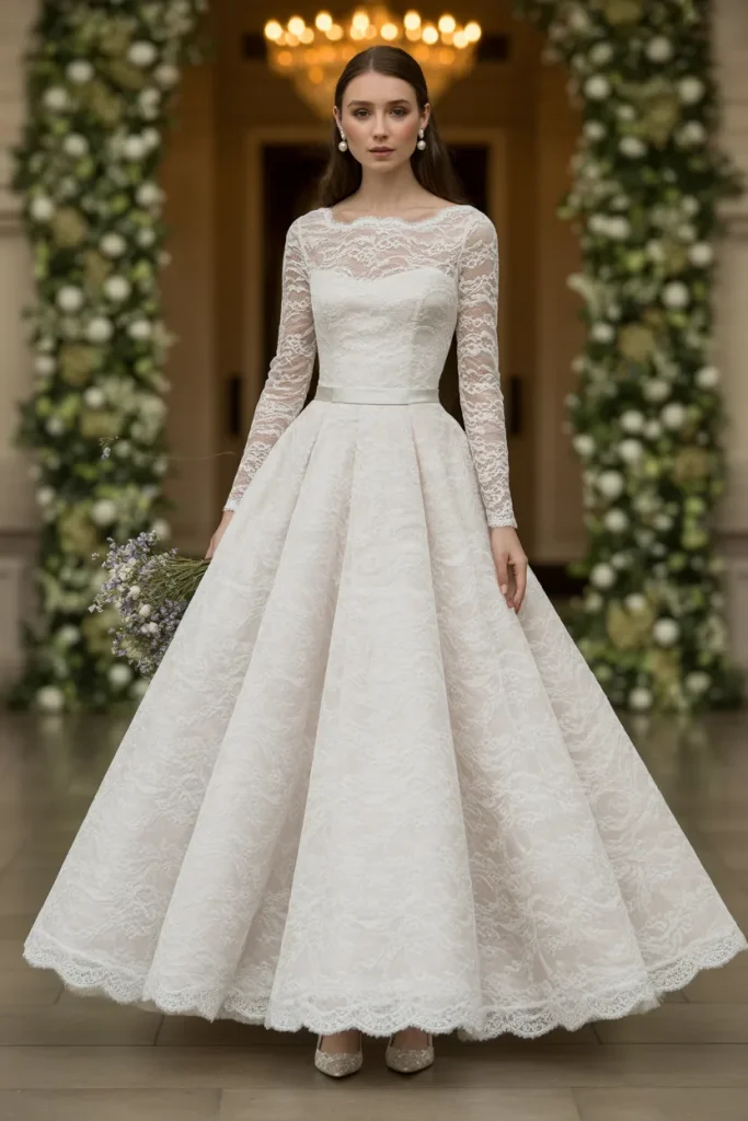 Classic Lace A Line Gown With Sleeves