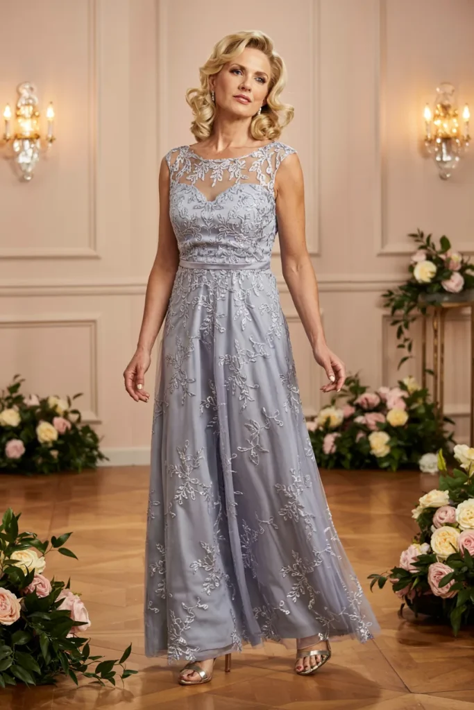 Classy Dusty Blue Lace Illusion Neckline Mother of the Bride Dress