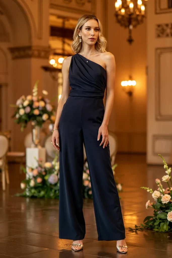 Classy Navy Blue Crepe One Shoulder Mother of the Bride Jumpsuit