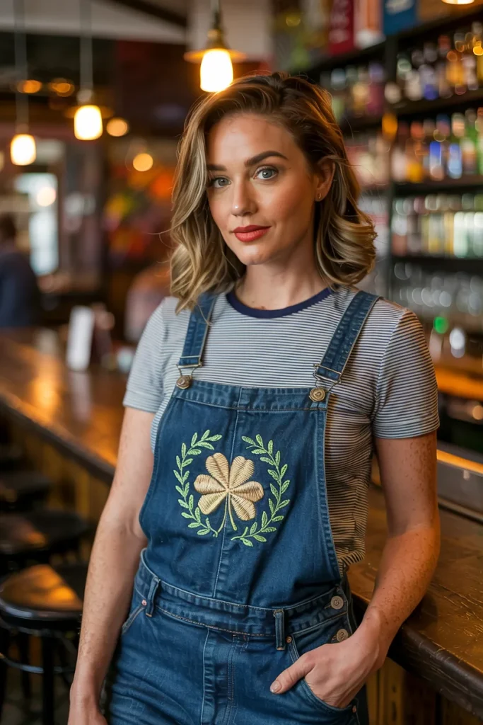 Clover Embroidered Denim Overalls and Striped Tee