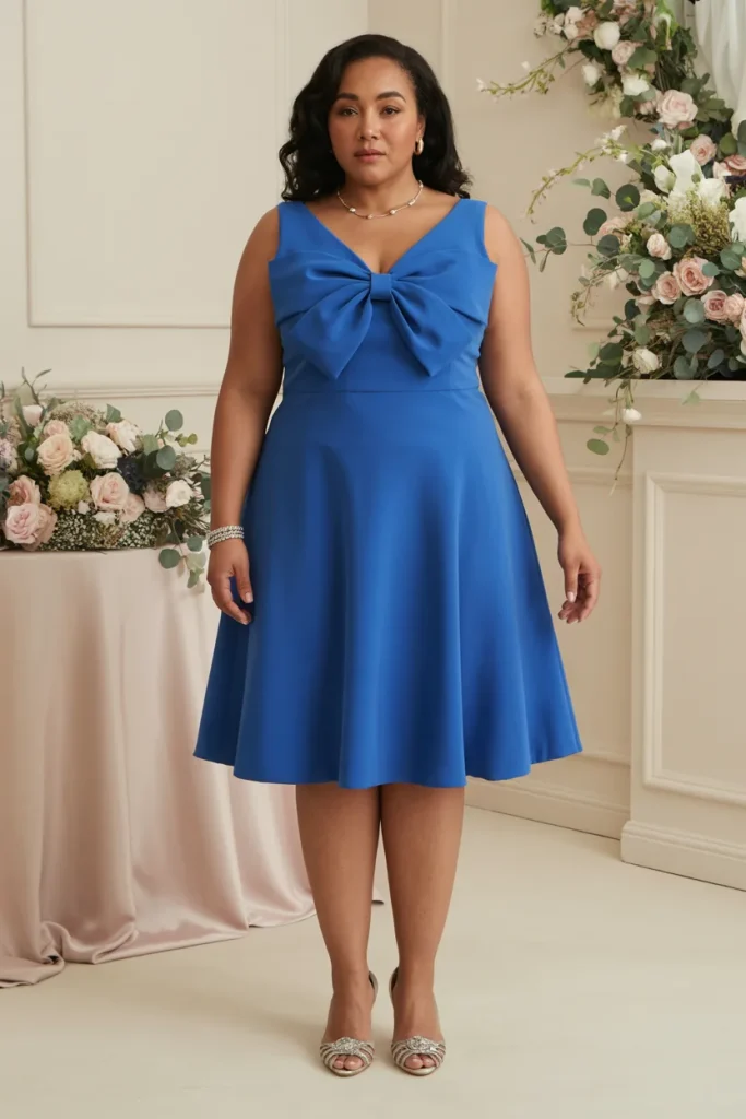 Cobalt Structured Bow Plus Size Wedding Guest Cocktail Dress