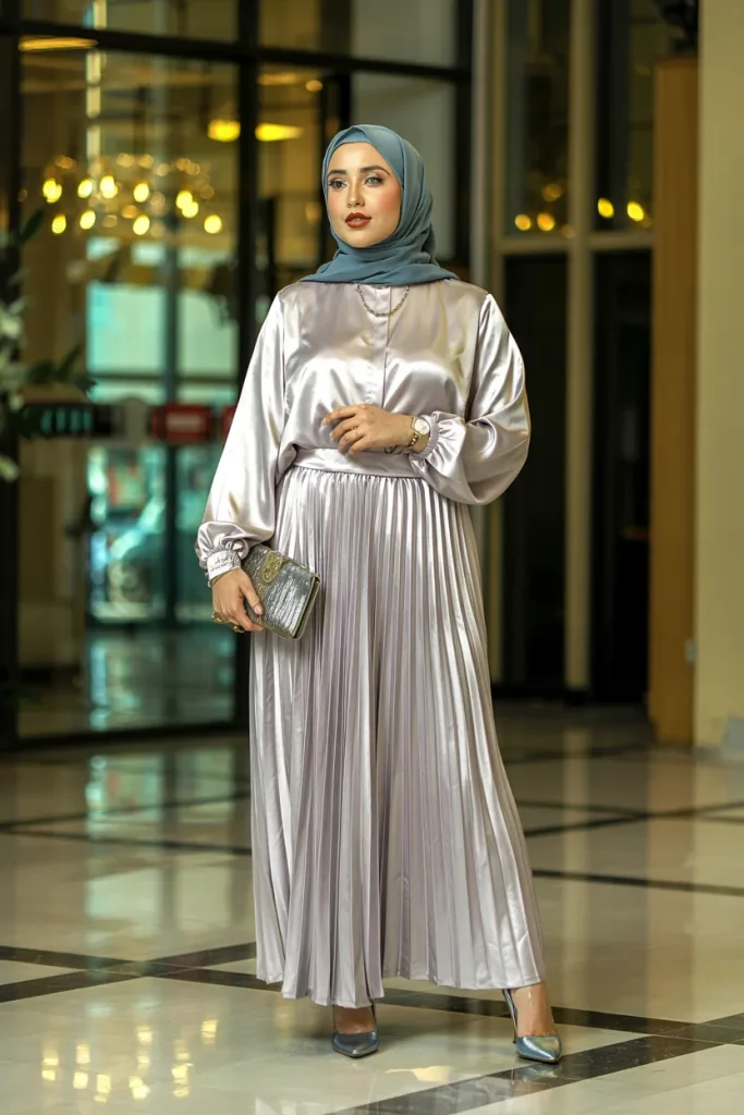 Cool Tones Satin Pleated Modest Hijabi Outfit
