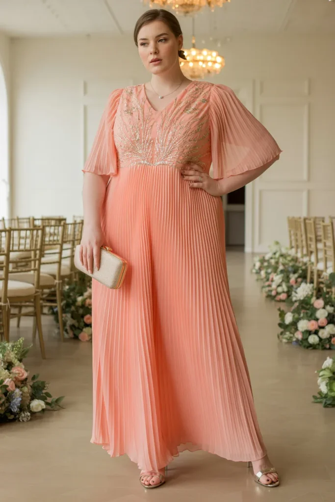 Coral Pleated Chiffon Angel Sleeve Plus Size Formal Wedding Guest Dress
