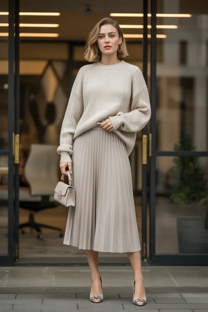 Cream Knit Sweater with Pleated Midi Skirt – Cozy Office Look