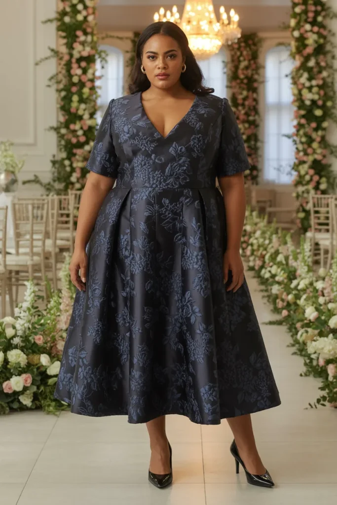 Dark Garden Jacquard Plus Size Floral Wedding Guest Dress