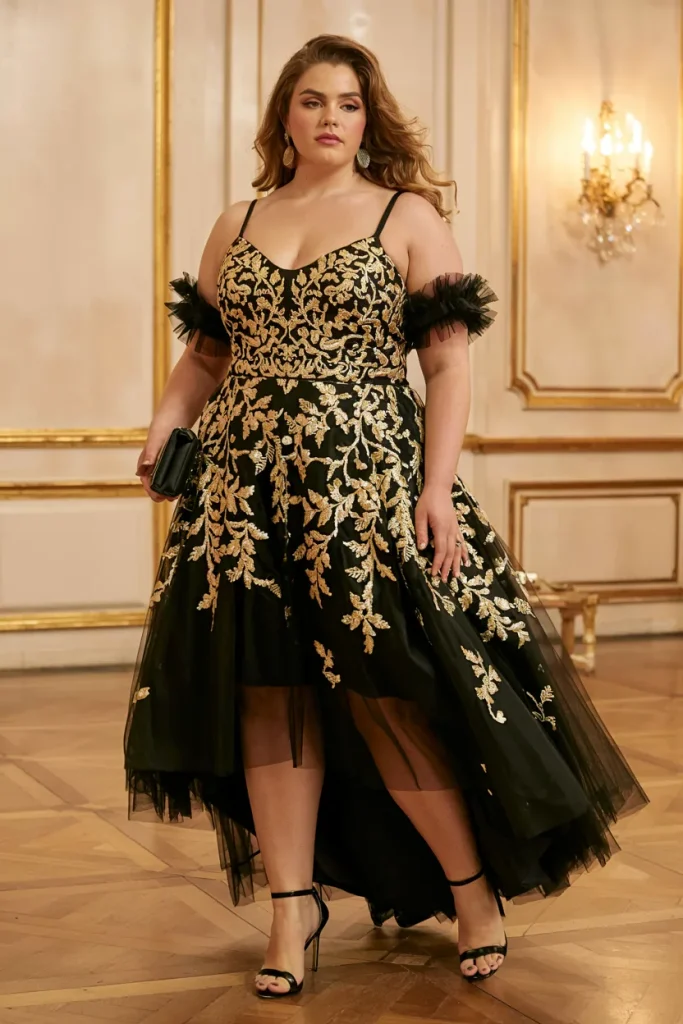 Dramatic Black and Gold High Low Hem Tulle Midi Dress