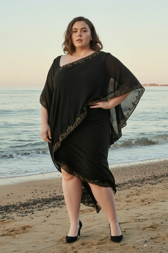 Draped Asymmetrical Cape Sleeve Black Plus Size Beach Wedding Guest Dress
