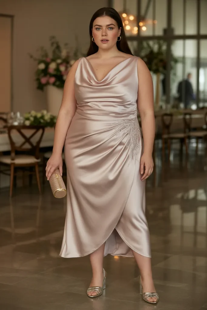 Draped Cowl Neck Satin Plus Size Classy Wedding Guest Dress