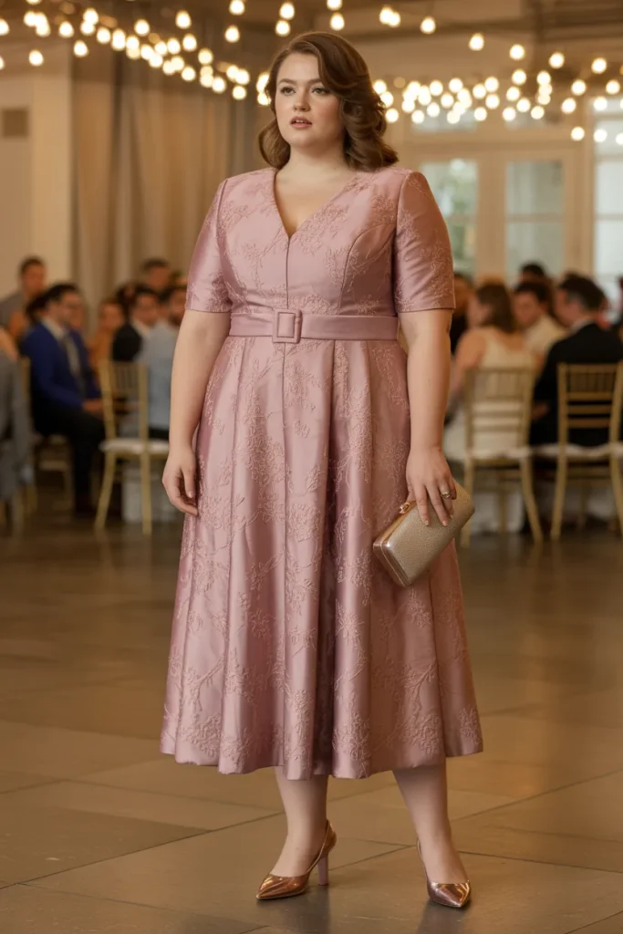 Dusty Rose Jacquard Belted Plus Size Formal Wedding Guest Dress