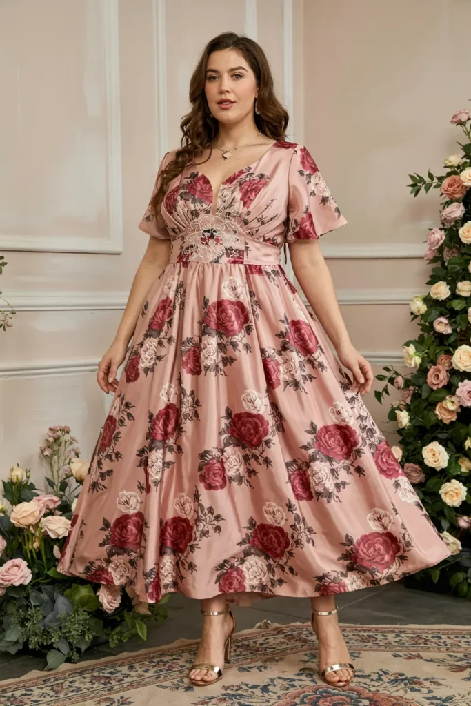 Dusty Rose Soft Floral Print Tea length Dress