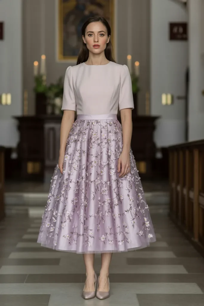 Easter Floral Embellished Tulle Midi Skirt Church Outfit