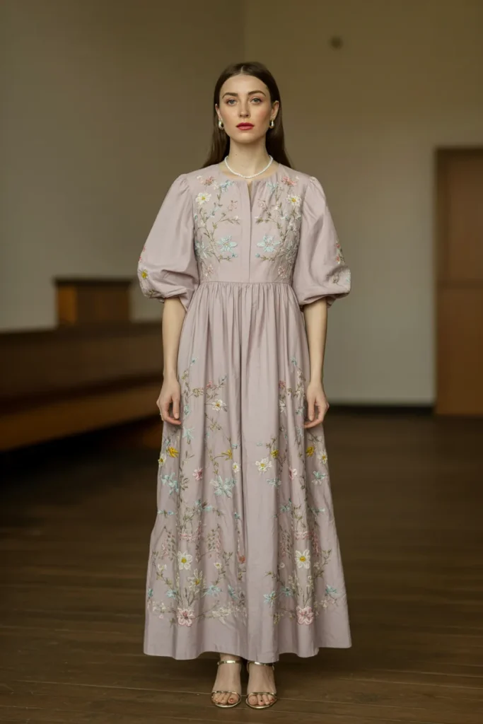 Easter Floral Embroidered Maxi Dress Church Outfit