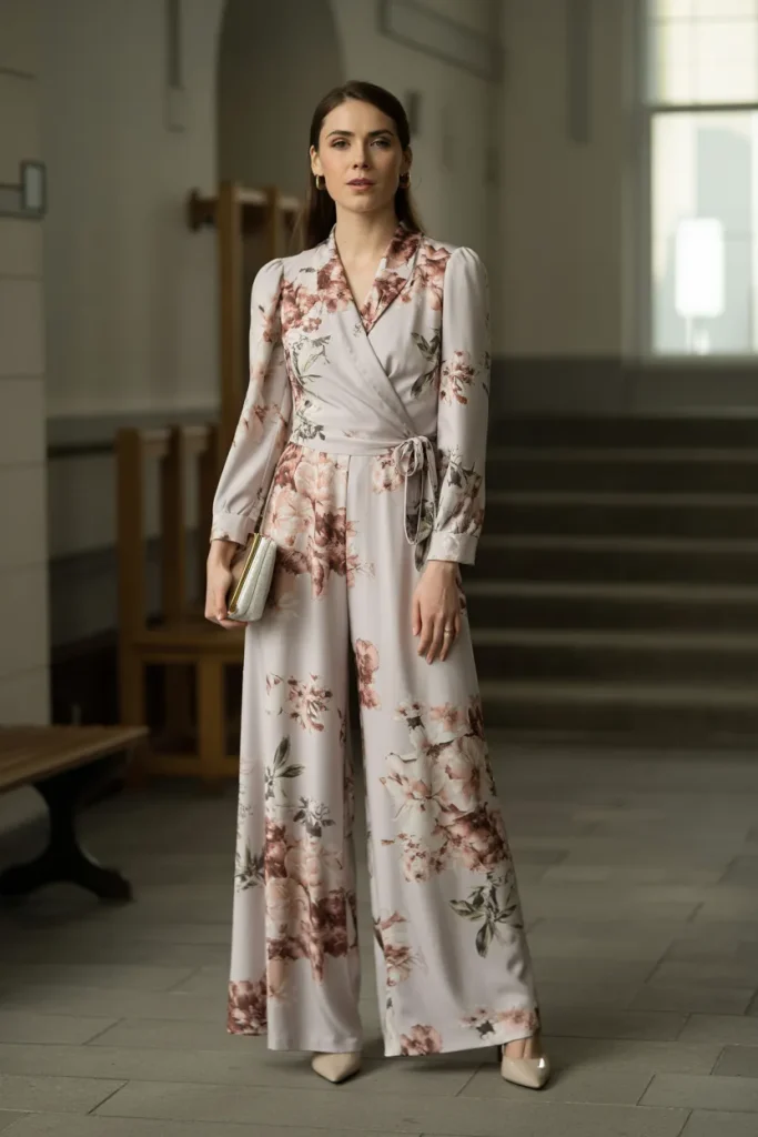 Easter Floral Print Wrap Jumpsuit Church Outfit
