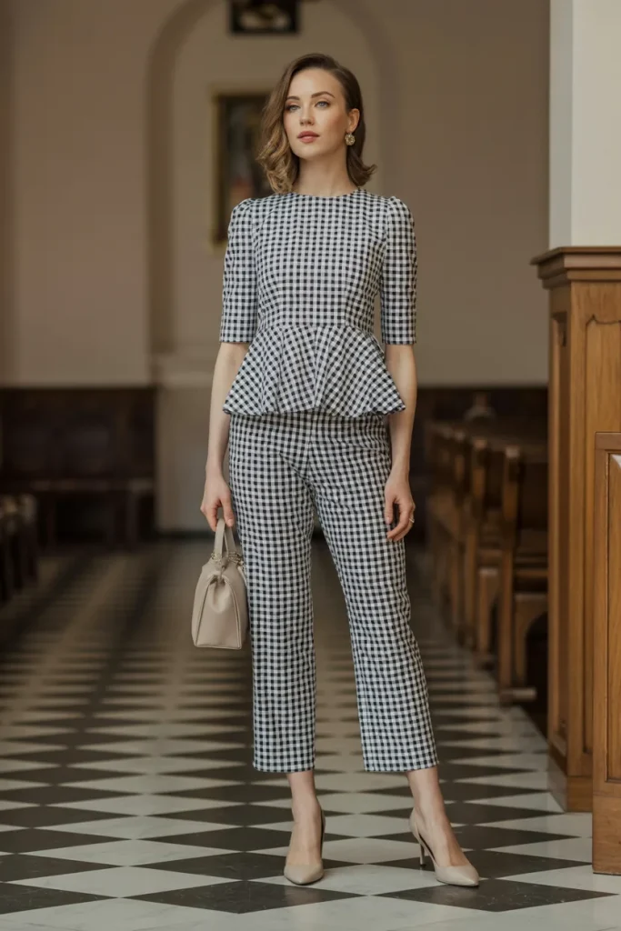 Easter Gingham Print Peplum Top and Cropped Pants Church Outfit