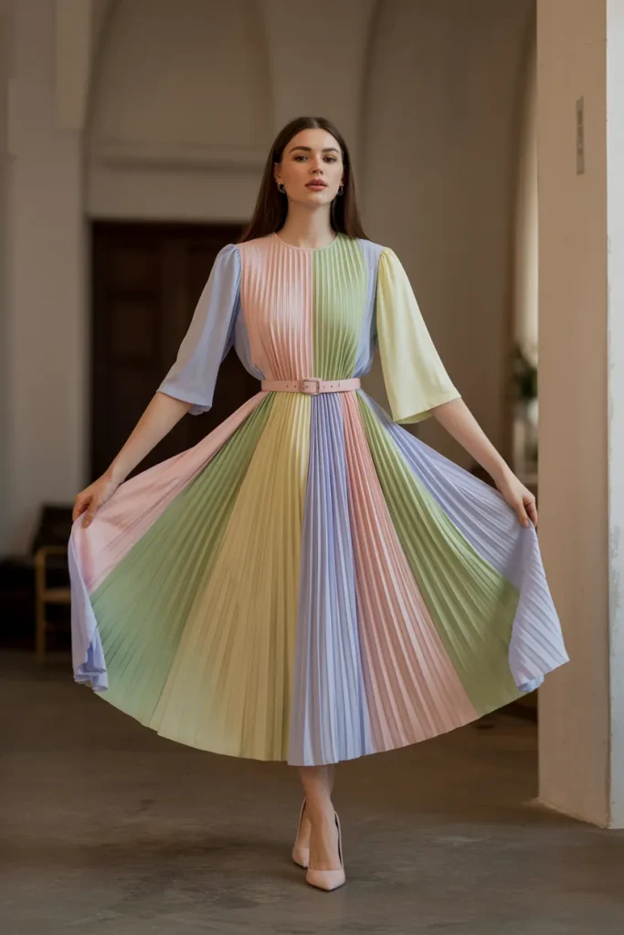Easter Pastel Color Block Pleated Midi Dress Church Outfit