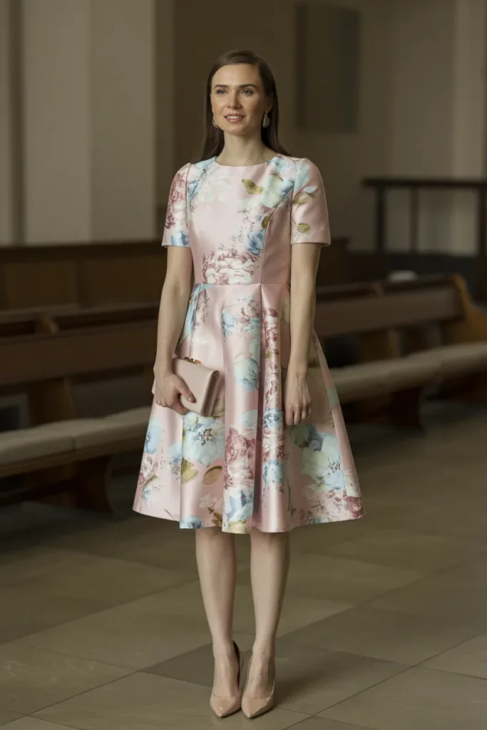 Easter Pastel Floral Print Fit and Flare Dress Church Outfit