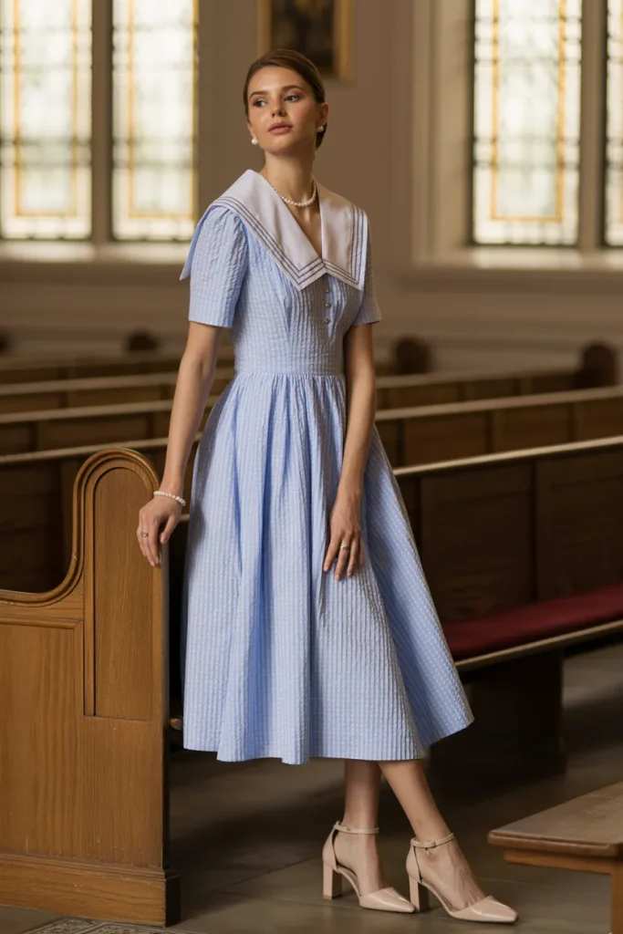 Easter Seersucker Dress Sailor Collar Church Outfit