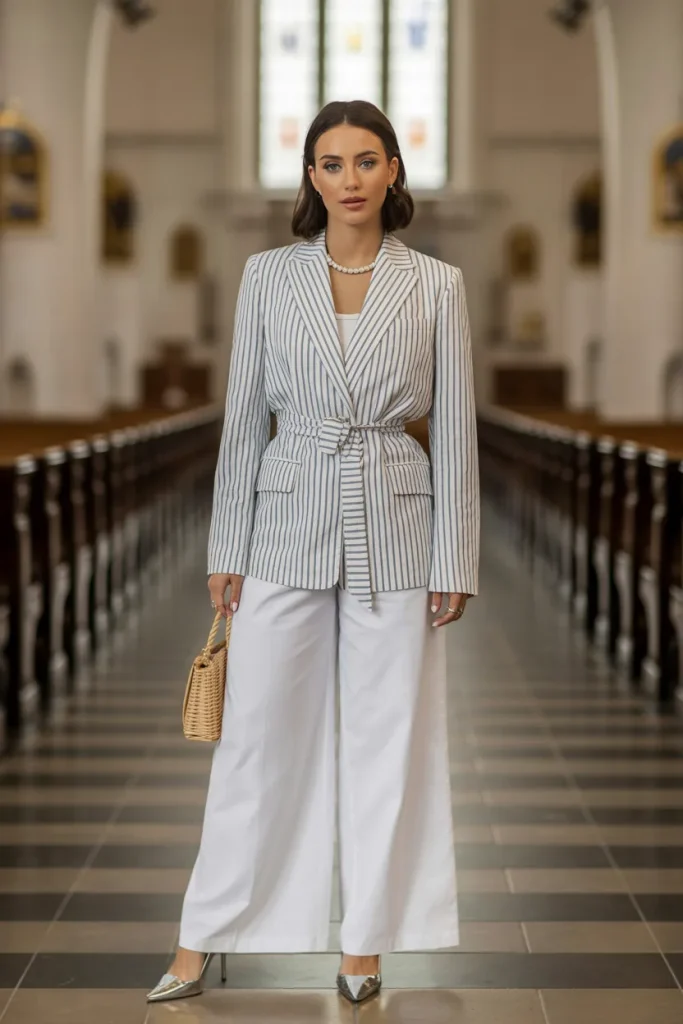 Easter Striped Blazer and White Wide Leg Pants Church Outfit