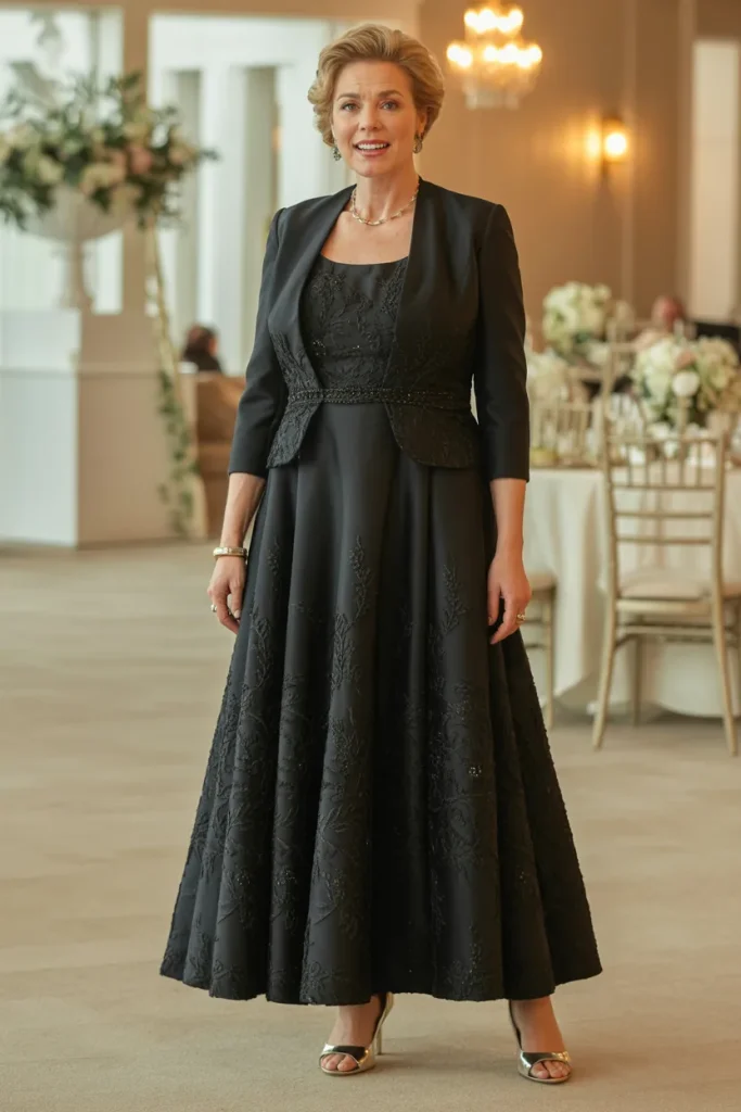 Elegant Black Empire Waist Two Piece Set with Jacket