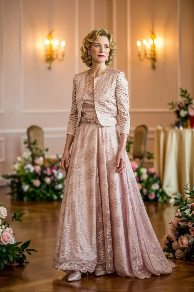 Elegant Blush Pink Allover Lace Gown With Three Quarter Sleeve Jacket Dress