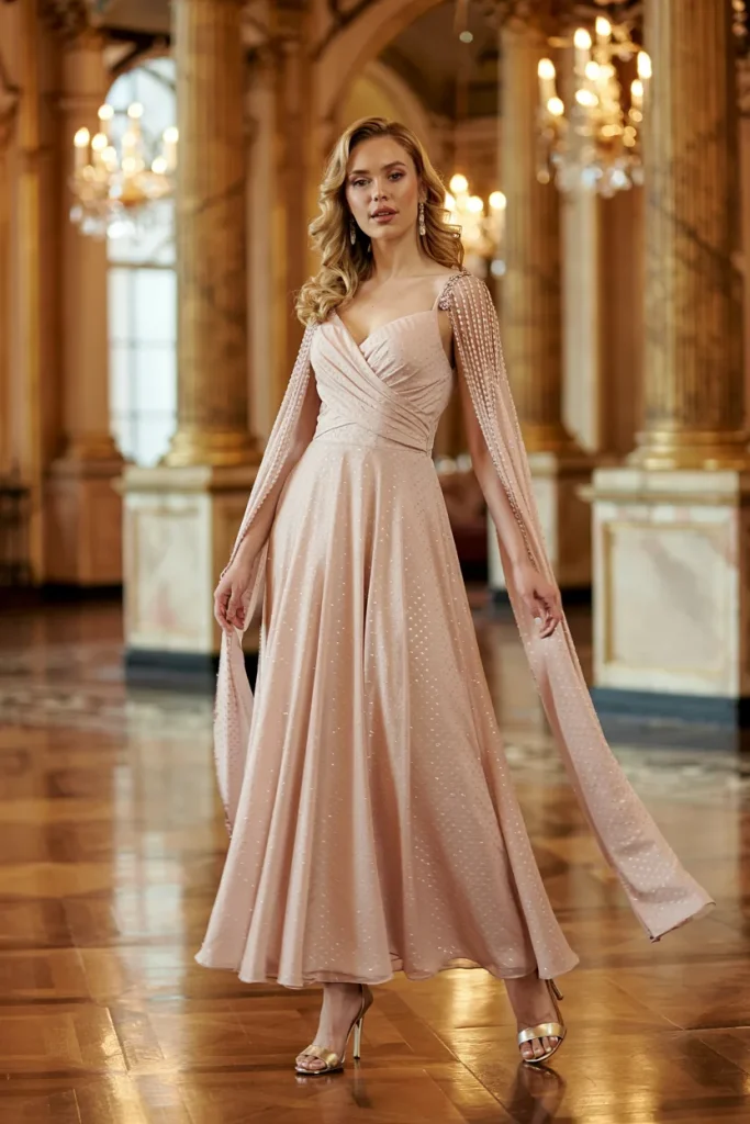 Elegant Blush Pink Chiffon Cape Sleeve Mother of the Bride Dress
