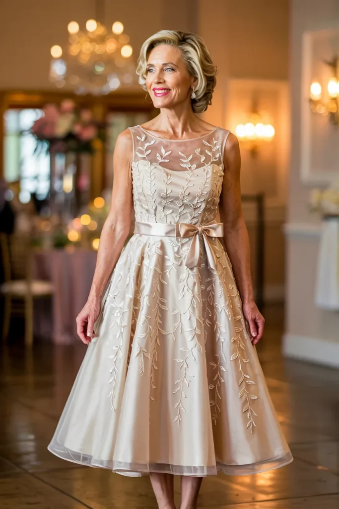 Elegant Champagne Short Sleeve A Line Dress with 3D Flowers and Sash