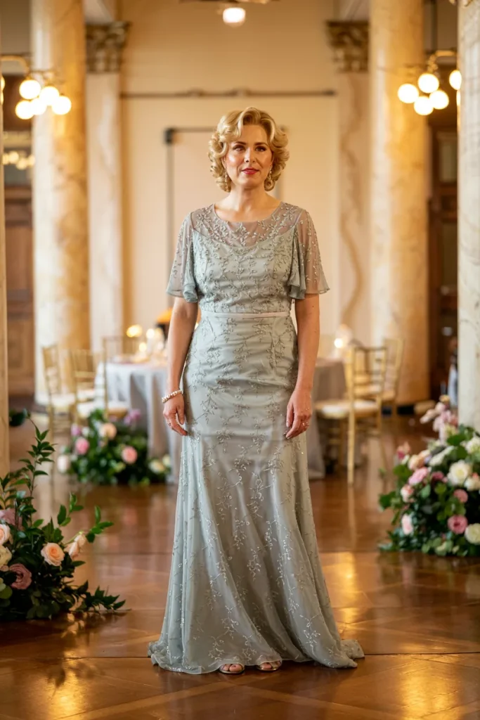 Elegant Dusty Sage Short Sleeve Embroidered Chiffon Sheath Dress